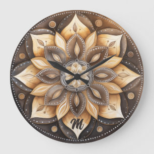 Grande Horloge Ronde Monogramme personnalisé Aquarelle Brown Mandala