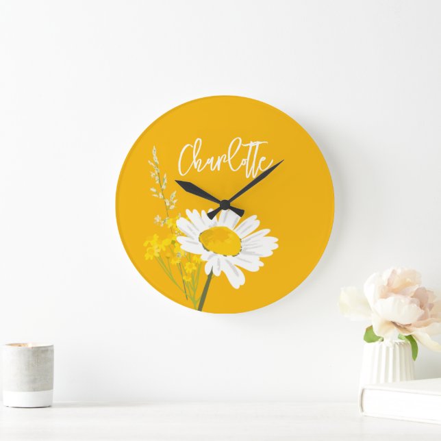 Grande Horloge Ronde Monogramme personnalisé Fleur sauvage de marguerit (Maison)
