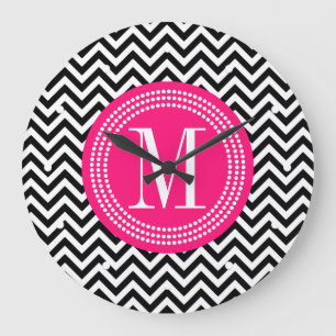 Grande Horloge Ronde Monogramme personnalisé par zigzag noir de Chevro