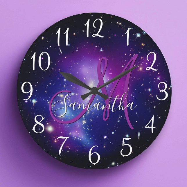 Grande Horloge Ronde Monogramme photo céleste violet (Girly Purple Celestial Photo Monogram Large Clock)