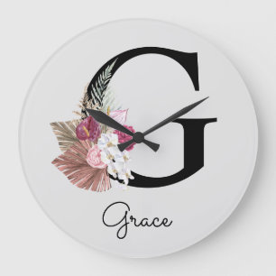 Grande Horloge Ronde Monogramme Rose Boho Féminin Floral Initiale G