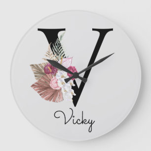 Grande Horloge Ronde Monogramme Rose Boho Floral Initiale V