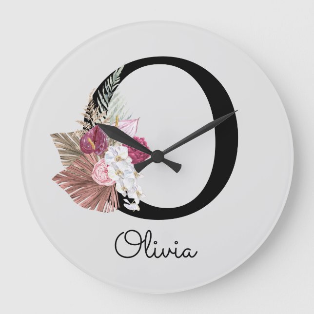 Grande Horloge Ronde Monogramme Rose Boho Girly Floral Initiale O (Recto)