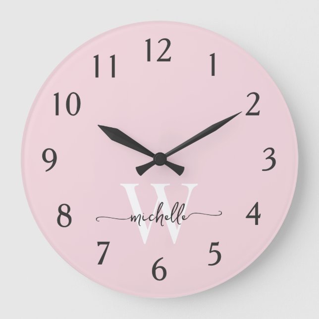Grande Horloge Ronde Monogramme rose clair élégant moderne Script de no (Recto)
