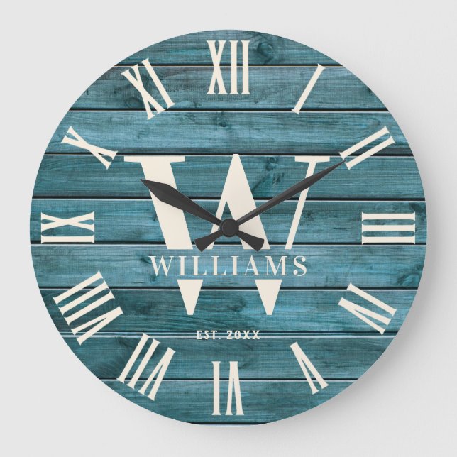 Grande Horloge Ronde Monogramme rustique Bois-Driftwood Nom de famille  (Recto)