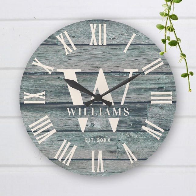 Grande Horloge Ronde Monogramme rustique Bois-Driftwood Nom de famille  (Créateur téléchargé)