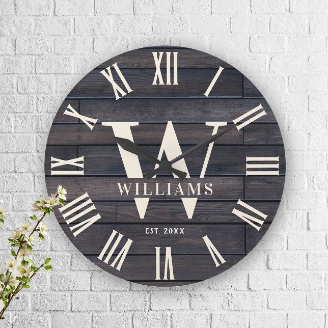 Grande Horloge Ronde Monogramme Rustique Nom de Famille Personnalisé Ma (Créateur téléchargé)
