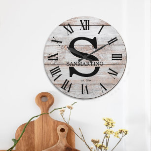Grande Horloge Ronde Monogramme rustique vintage Nom de famille