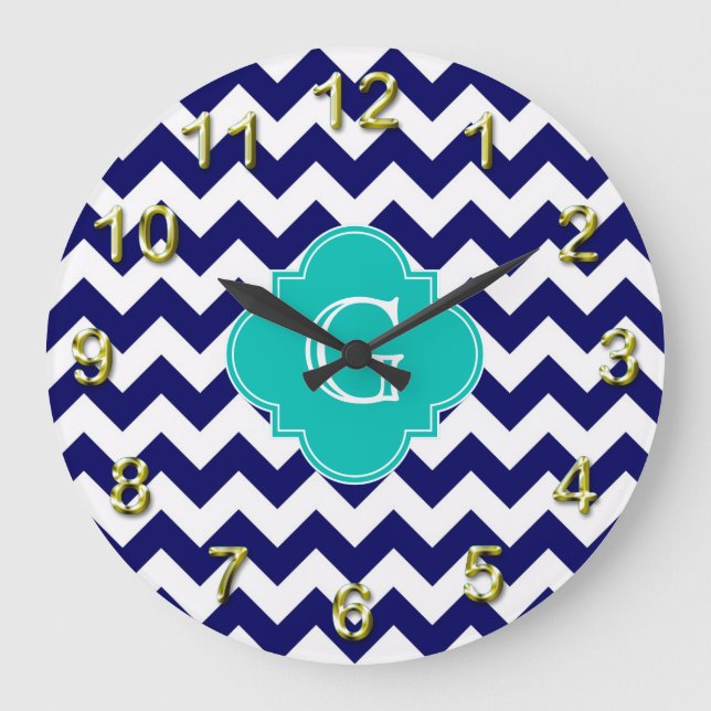 Grande Horloge Ronde Monogramme turquoise de Quatrefoil de zigzag blanc (Recto)