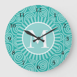 Grande Horloge Ronde Monogramme Turquoise White Spirales - Personnalis