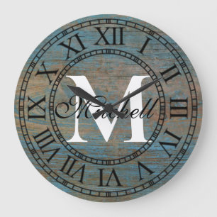 Grande Horloge Ronde Monogramme Unique en Bois Antique en Distress Vint