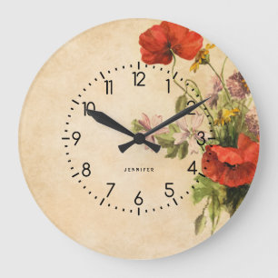 Grande Horloge Ronde Monogramme Vintage Bouquet rustique Poppies rouges