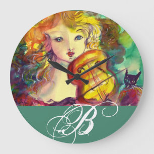 GRANDE HORLOGE RONDE MONOGRAMME VIOLINISTE, VIOLIN ET CAT