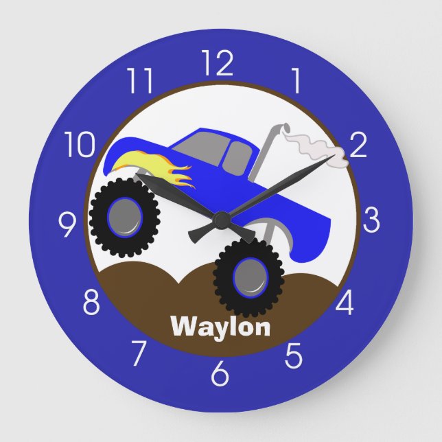 Grande Horloge Ronde Monster Truck Blue Boys chambre de bébé  (Recto)