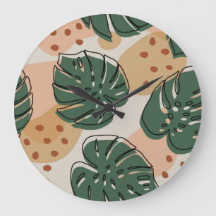 Grande Horloge Ronde Monstera de Boho : motif tropical abstrait