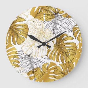 Grande Horloge Ronde Monstera Feuilles : Blanc doré