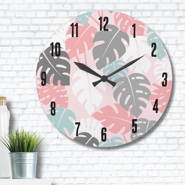 Grande Horloge Ronde Monstera moderne Motif tropical (Trendy Modern Monstera Leaf Tropical Pattern Large Clock )