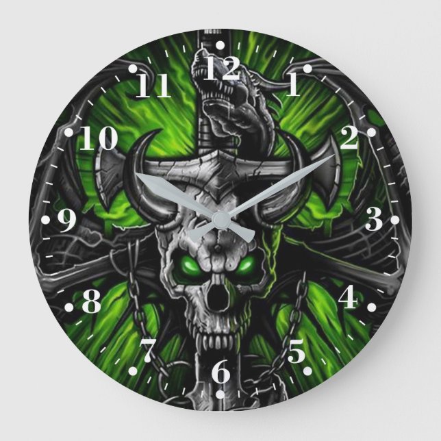 Grande Horloge Ronde Monstre à ailes du crâne noir vert néon (Recto)
