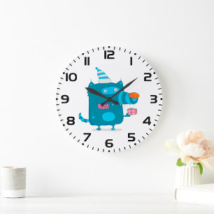 Grande Horloge Ronde Monstre de dessin animé bleu joueur avec chapeau d