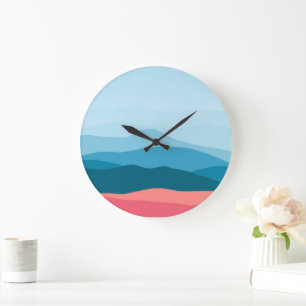 Grande Horloge Ronde Montagnes Abstraites Modernes Bleu Rose Pastel