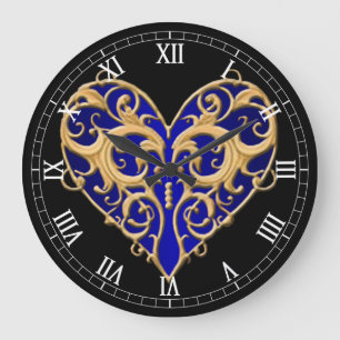 Grande Horloge Ronde Montre à chiffres romains à cœur en filigrane bleu