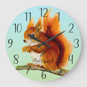 Grande Horloge Ronde Montre de peinture à l'aquarelle d'écureuil rouge