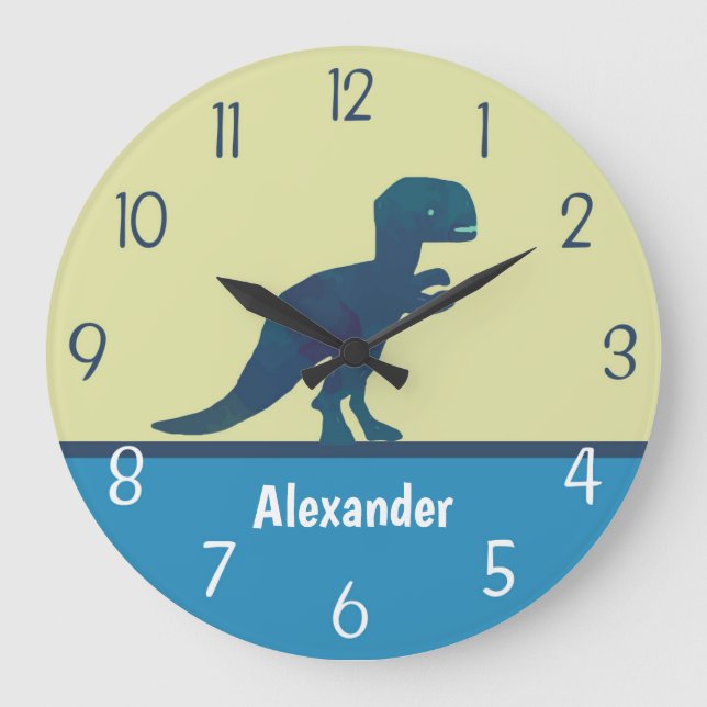 Grande Horloge Ronde Montre Turquoise bleu marine Dinosaure (Recto)