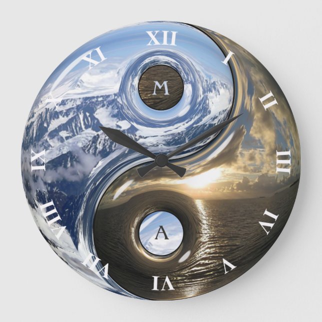 Grande Horloge Ronde Monts Mer Yin Yang Avec Votre Monogramme (Recto)