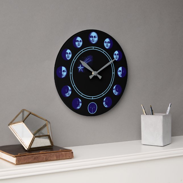 Grande Horloge Ronde Moon Phases Faces Waxing Gibbous & Waning Crescent (Bureau)