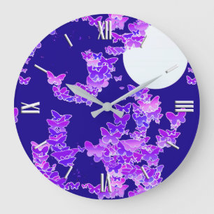 Grande Horloge Ronde Moonscape with butterflies - lilac, dark blue