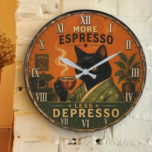 Grande Horloge Ronde More Espresso Less Depresso Cat (Créateur téléchargé)