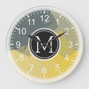 Grande Horloge Ronde Mosaïque gris jaune Monogramme moderne