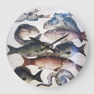 GRANDE HORLOGE RONDE MOSAÏQUES ROMAINES ANTIQUES, POISSONS, SCÈNE DE VI