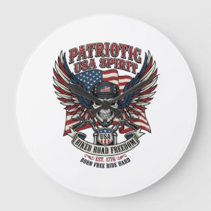 Grande Horloge Ronde Motard Patriotique Crâne Motard Route Liberté Patr
