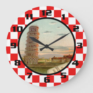 Grande Horloge Ronde Motif à carreaux rouge et blanc Vintage Italie