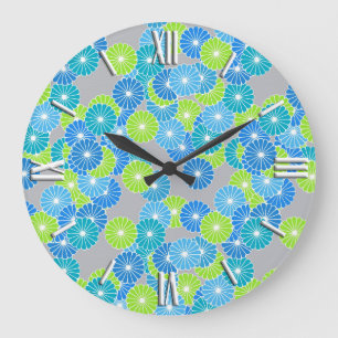 Grande Horloge Ronde Motif à fleurs Art Déco - bleu et vert citron