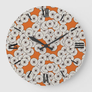 Grande Horloge Ronde Motif à fleurs Art déco - crème sur rouille