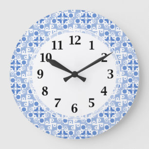 Grande Horloge Ronde Motif Abstrait bleu et blanc rétro
