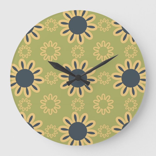Grande Horloge Ronde Motif Abstrait noir et jaune rétro (Recto)