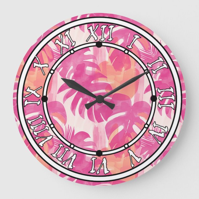 Grande Horloge Ronde Motif abstrait simple avec feuilles de monstera, f (Recto)