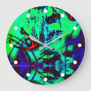 Grande Horloge Ronde Motif Abstrait Vert Et Bleu Neon