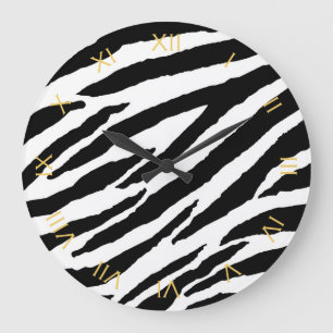 Grande Horloge Ronde Motif animal de zèbre noir et blanc à la mode