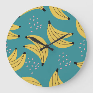 Grande Horloge Ronde motif banane vintage, arrière - plan bleu.