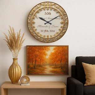 Grande Horloge Ronde Motif baroque élégant en or pour 50 ans de mariage
