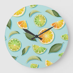 Grande Horloge Ronde Motif bleu citron vintage