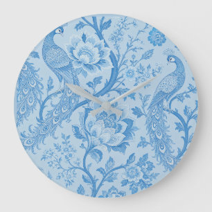 Grande Horloge Ronde Motif bleu paon pâle persan de luxe 