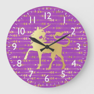 Grande Horloge Ronde Motif bohémien or et violet & Licorne