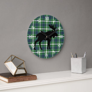 Grande Horloge Ronde Motif carreaux de bûcheron vert foncé classique