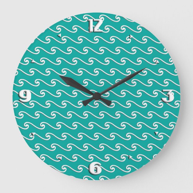 Grande Horloge Ronde Motif chinois à vagues - blanc sur bleu paon (Recto)