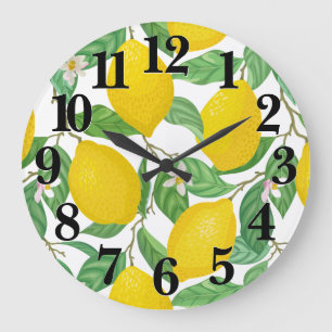 Grande Horloge Ronde Motif citron blanc jaune